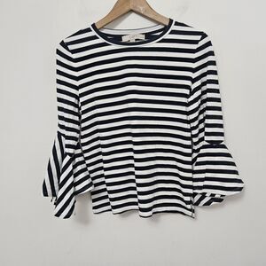 LOFT Women's Black/White Striped Long Bell Sleeve Blouse Top Petite Size SP